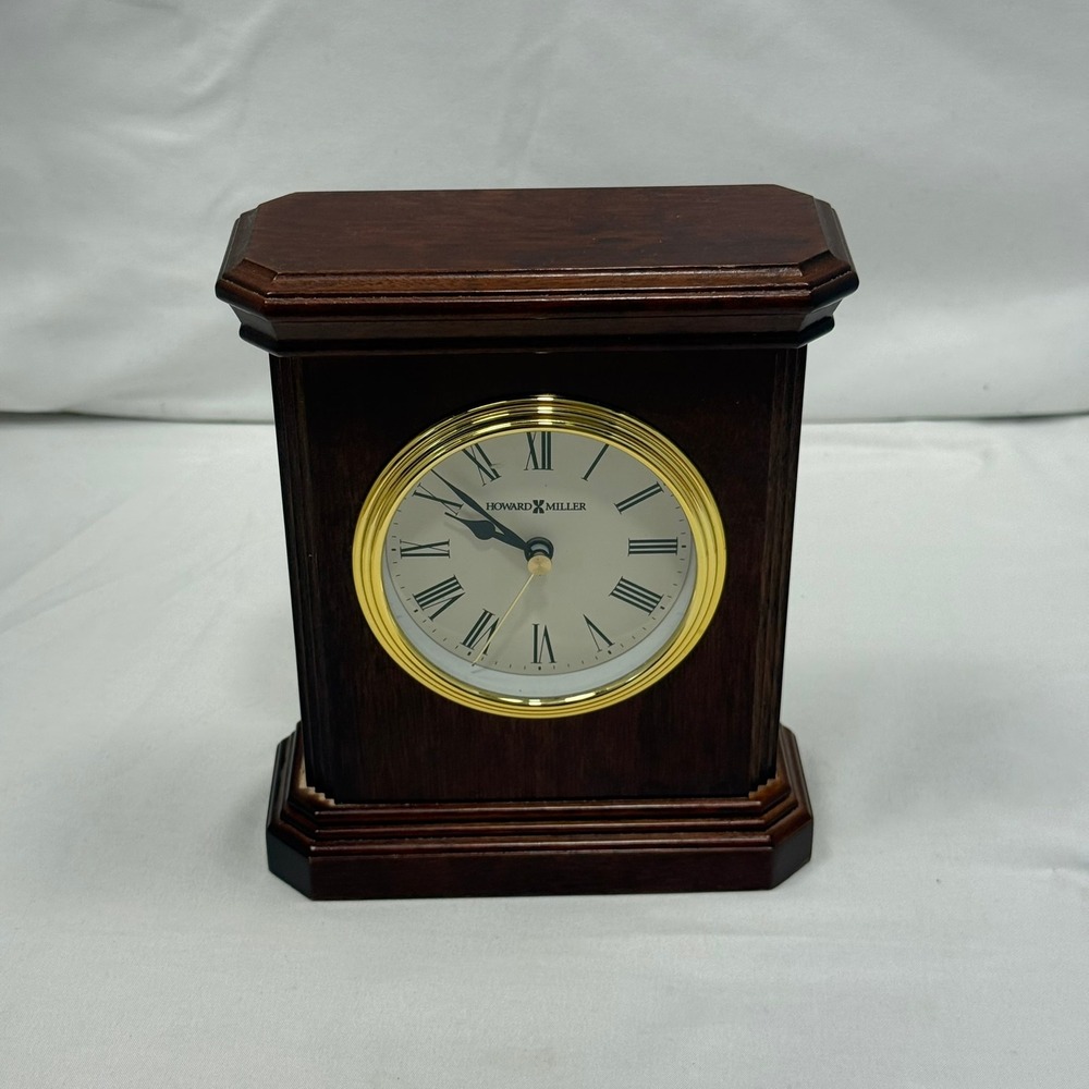 Howard Miller Mantle Clock Wood Case Roman Numerals Gold Bezel Desk Clock
